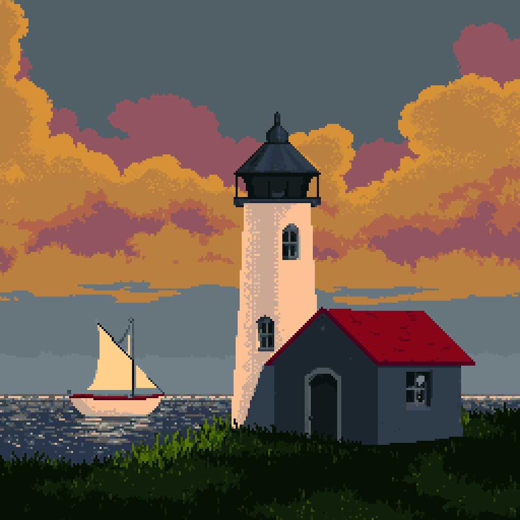 Pixel-art lighthouse and sailboat under a glowing sunset sky